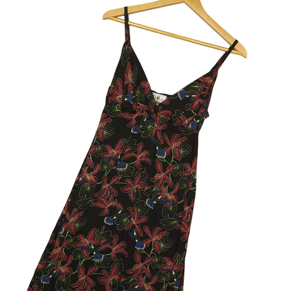 Guy Harvey Women's Thin Strap Sundress Hummingbird Tropical Print XS Black Pink